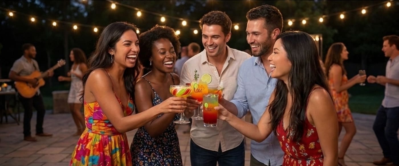 Friends celebrating with drinks in hand, Otra Vez style